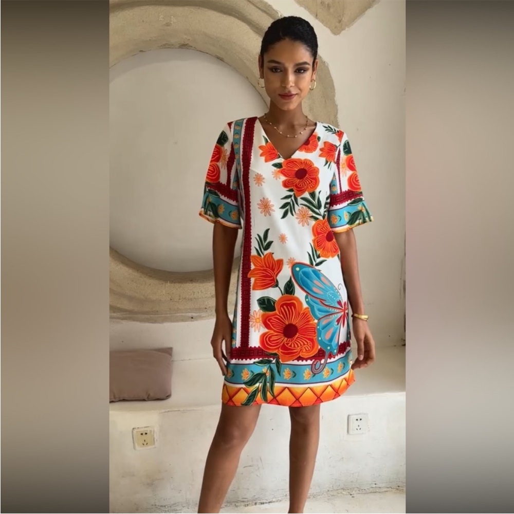 NWOT ADOR Vibrant Floral Shift Dress - White Base with Orange & Turquoise XL